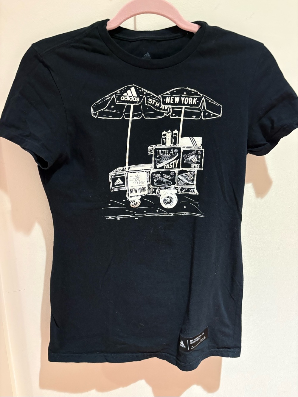 adidas Black Kids Short Sleeve Tee with White New York Cart Graphic
